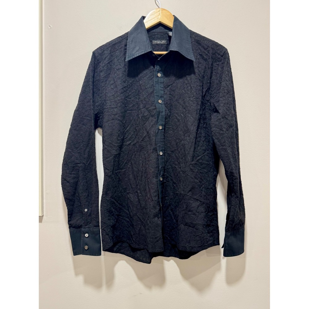 Kenneth Cole New York Mens Black Embroidered Geometric Button Down Shirt Large